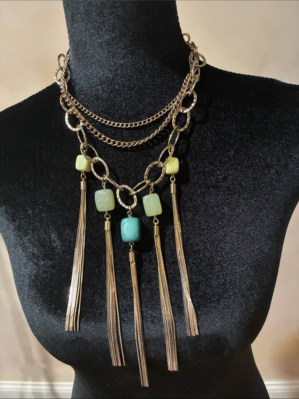 Gold-Tone Multi-Strand Tassel Necklace with Green Beads